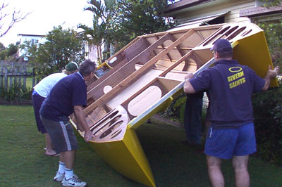 Jarcat trailer cabin catamaran is built lighter than many kit kayaks